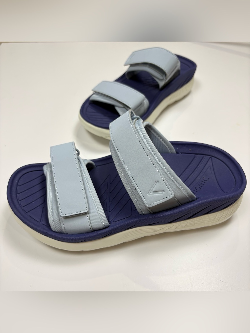 Vionic Renewal Recovery Sandals Women 7 Blue White Adjustable Straps Comfort EUC